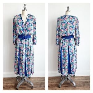 Vintage Diane Freis Original Georgette Midi Dress Floral  Blue Pink Size M/L